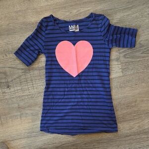 Basic Editions Navy Blue Striped Short Sleeve Tee with Pink Heart